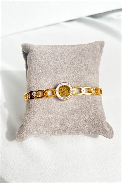 Zircon Stone Tree of Life Model Woven Gold Steel Cuff Bracelet