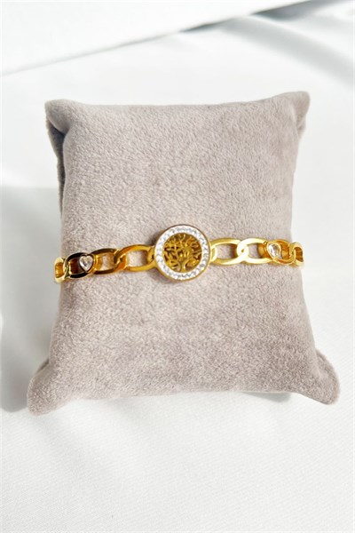 Zircon Stone Tree of Life Model Woven Gold Steel Cuff Bracelet