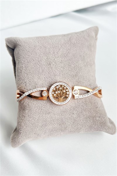 Zircon Stone Tree of Life Model Rose Steel Cuff Bracelet