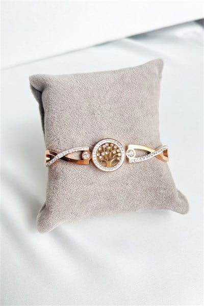 Zircon Stone Tree of Life Model Rose Steel Cuff Bracelet