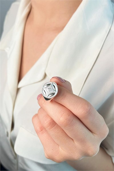 Zircon Stone Round Knight Ring - Silver
