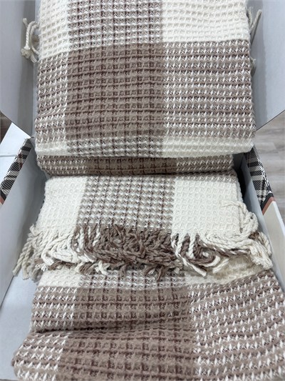 Sesli Comfort Kahve Bej 2 Ekose Skoç Pamuk Örme Battaniye 200x220 Çift Kişilik Battal