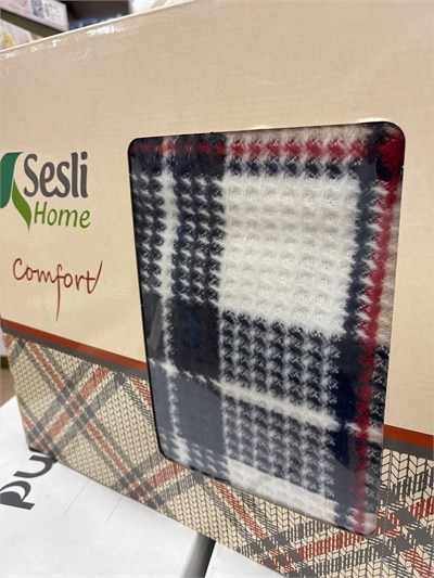 Sesli Comfort Lacivert Bej Kırmızı Skoç Pamuk Örme Battaniye 200x220 Çift Kişilik Battal