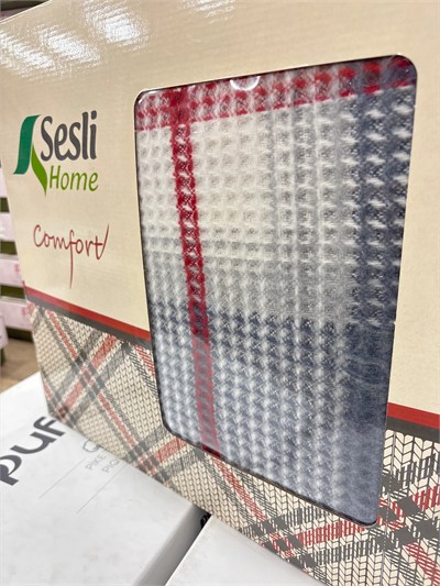 Sesli Comfort Mavi Kırmızı Ekose Skoç Pamuk Örme Battaniye 200x220 Çift Kişilik Battal