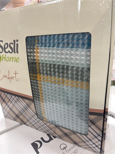 Sesli Comfort Mavi Yeşil Sarı Ekose Skoç Pamuk Örme Battaniye 200x220 Çift Kişilik Battal