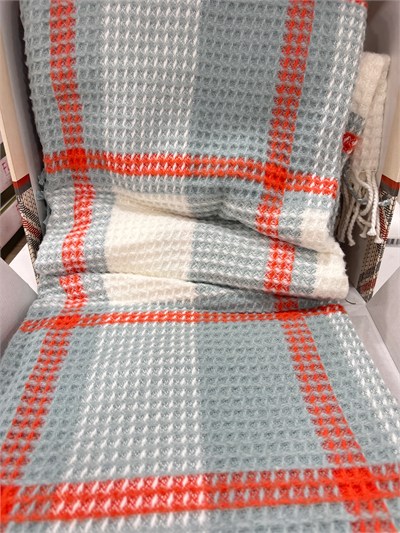 Sesli Comfort Turkuaz Turuncu Ekose Skoç Pamuk Örme Battaniye 200x220 Çift Kişilik Battal