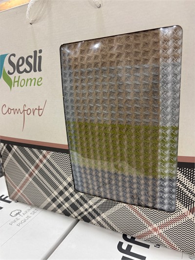 Sesli Comfort Yeşil Bej Skoç Pamuk Örme Battaniye 200x220 Çift Kişilik Battal