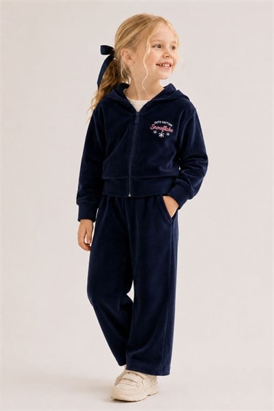 Zeyland Kız Çocuk Kadife Kapüşonlu Sweatshirt ve Pantolon Takım - Lacivert