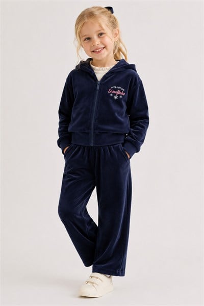 Zeyland Kız Çocuk Kadife Kapüşonlu Sweatshirt ve Pantolon Takım - Lacivert