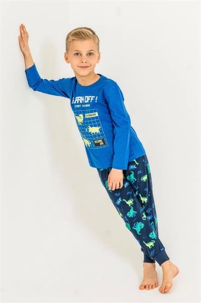 Erkek Çocuk Alarm Desenli Pijama Takımı - Mavi