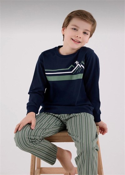 Erkek Çocuk Çizgili Pijama Takımı - Yeşil/Lacivert