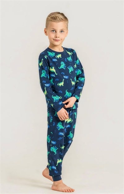 Erkek Çocuk Dinozor Desenli Pijama Takımı - Lacivert