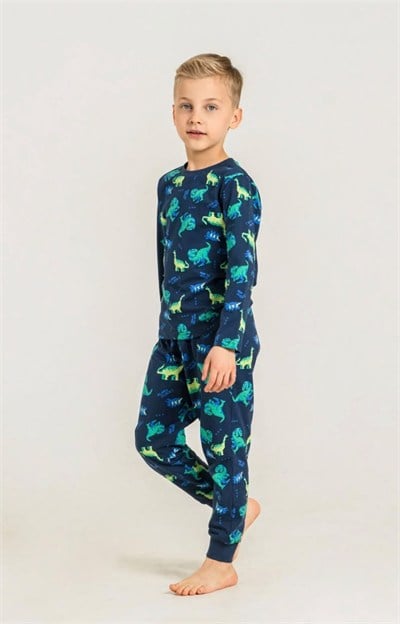 Erkek Çocuk Dinozor Desenli Pijama Takımı - Lacivert