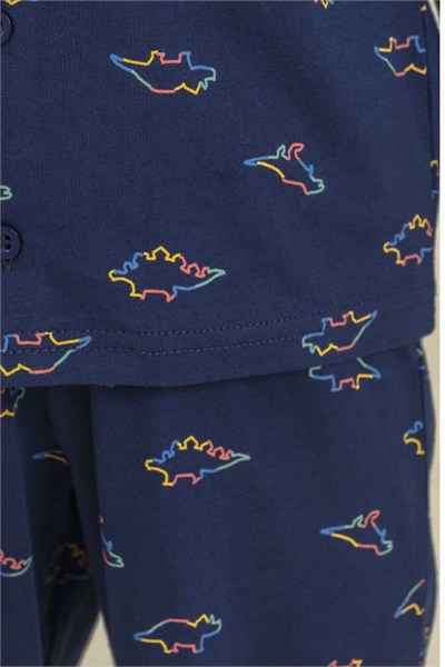 Erkek Çocuk Dinozor Desenli Gömlek Pijama Takımı - Lacivert