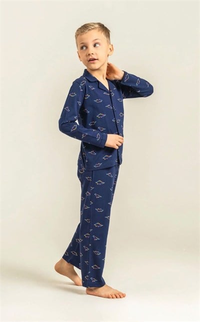 Erkek Çocuk Dinozor Desenli Gömlek Pijama Takımı - Lacivert