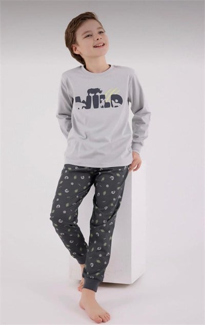 Erkek Çocuk Wild Yazılı Pijama Takımı - Gri
