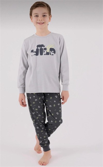 Erkek Çocuk Wild Yazılı Pijama Takımı - Gri