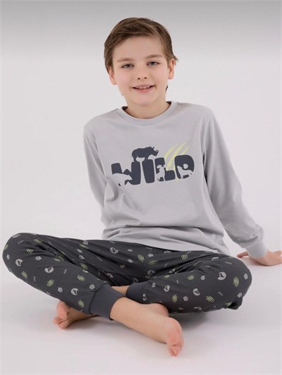 Erkek Çocuk Wild Yazılı Pijama Takımı - Gri