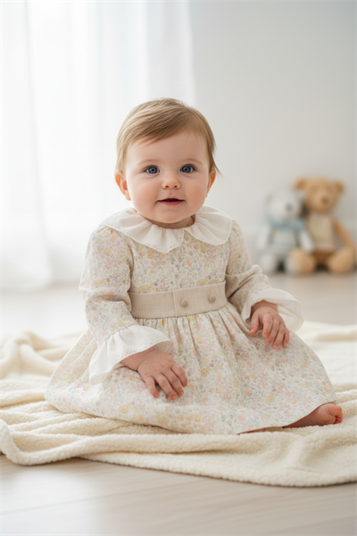 Kız Bebek Çiçekli Vintage Elbise - Bej