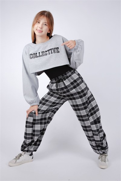 Kız Çocuk 2li Collective Yazılı Sweatshirt - Gri