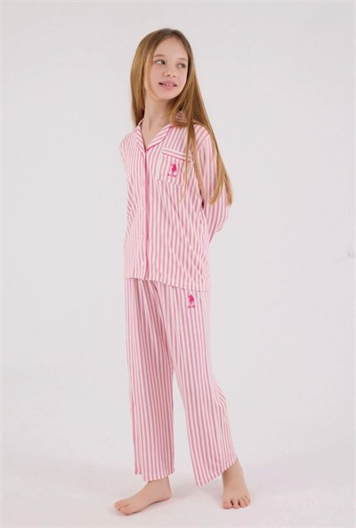 Kız Çocuk Çizgili Gömlek Pijama Takımı - Pembe