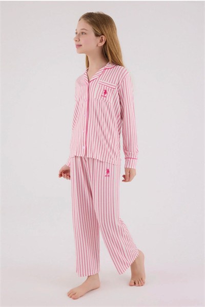 Kız Çocuk Çizgili Gömlek Pijama Takımı - Pembe