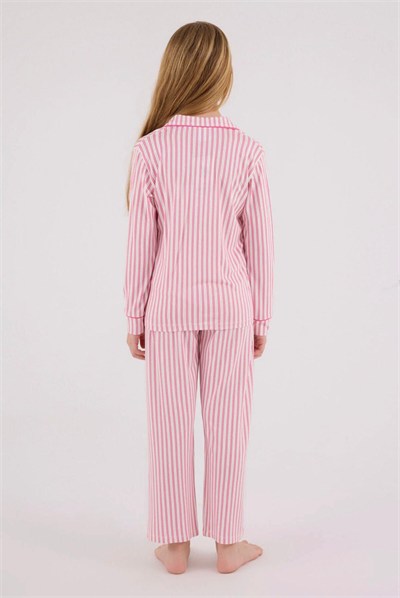 Kız Çocuk Çizgili Gömlek Pijama Takımı - Pembe
