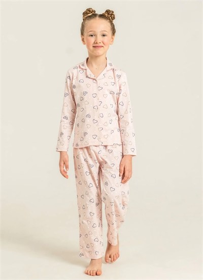 Kız Çocuk Gömlek Yakalı Pijama Takımı - Pudra Pembe