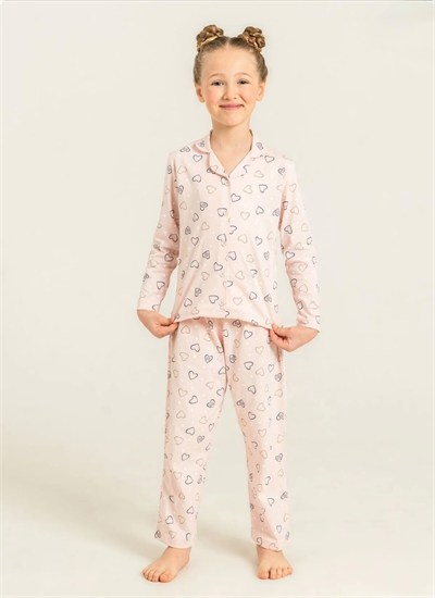 Kız Çocuk Gömlek Yakalı Pijama Takımı - Pudra Pembe