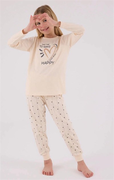Kız Çocuk Happy Yazılı Pijama Takımı - Krem
