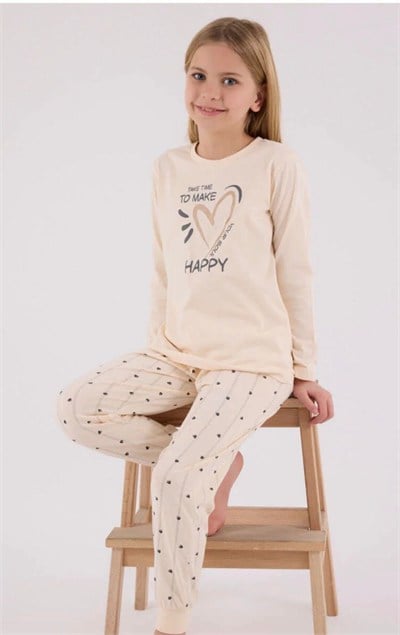 Kız Çocuk Happy Yazılı Pijama Takımı - Krem