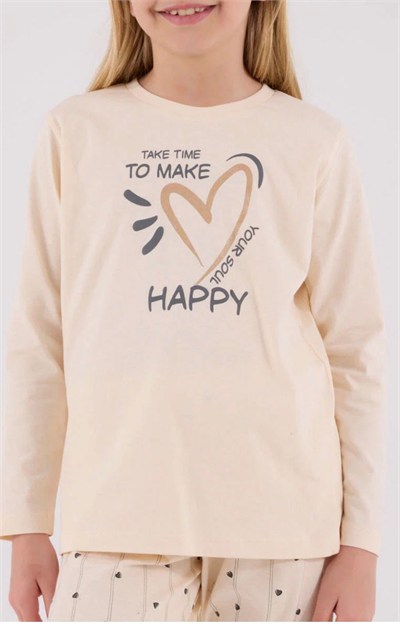 Kız Çocuk Happy Yazılı Pijama Takımı - Krem