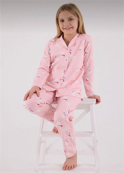 Kız Çocuk Kardan Adamlı Gömlek Pijama Takımı - Pembe