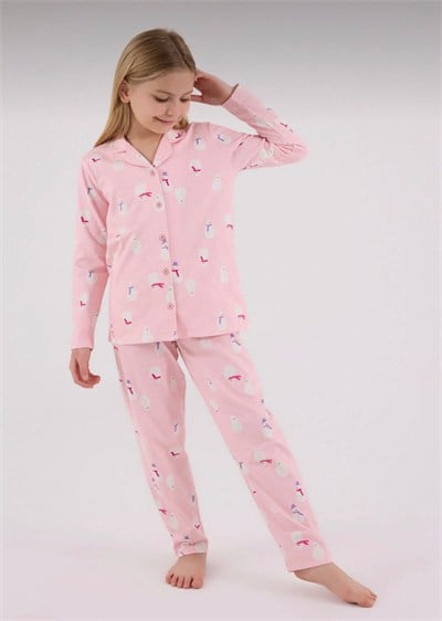 Kız Çocuk Kardan Adamlı Gömlek Pijama Takımı - Pembe