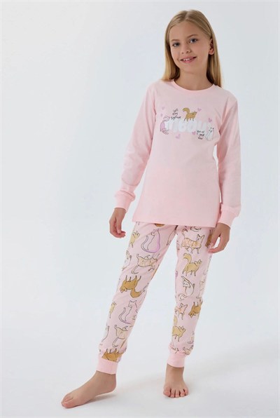 Kız Çocuk Kedili Pijama Takımı - Pembe