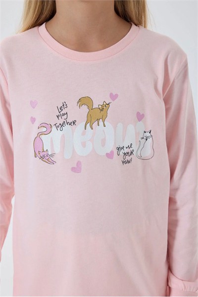Kız Çocuk Kedili Pijama Takımı - Pembe