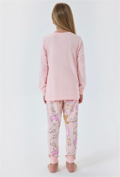 Kız Çocuk Kedili Pijama Takımı - Pembe