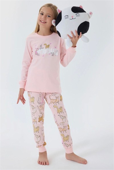 Kız Çocuk Kedili Pijama Takımı - Pembe