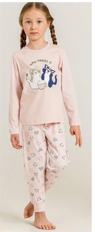 Kız Çocuk Kedili Pijama Takımı - Pudra Pembe