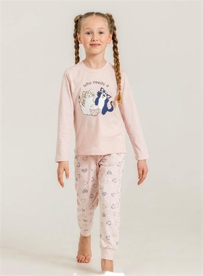 Kız Çocuk Kedili Pijama Takımı - Pudra Pembe