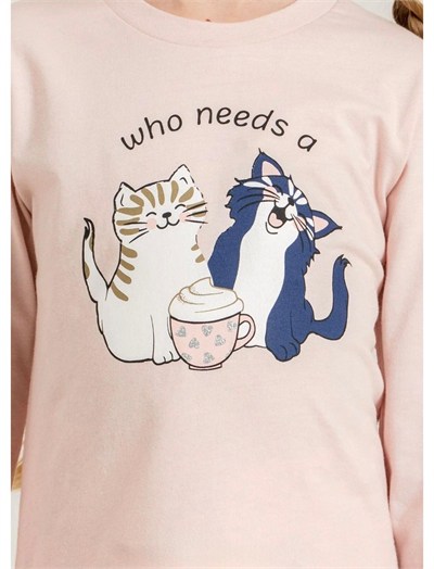 Kız Çocuk Kedili Pijama Takımı - Pudra Pembe