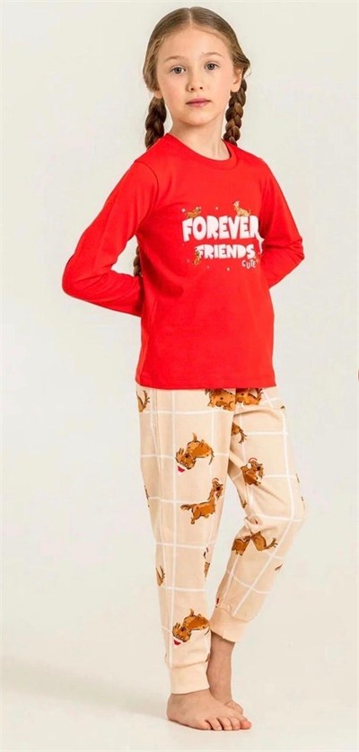 Kız Çocuk Köpekli Pijama Takımı - Kırmızı