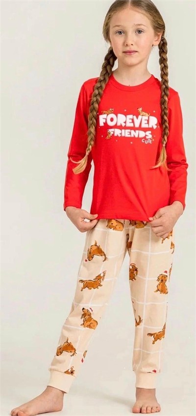 Kız Çocuk Köpekli Pijama Takımı - Kırmızı