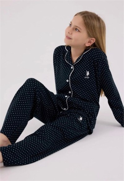 Kız Çocuk Puantiyeli Gömlek Pijama Takımı - Lacivert