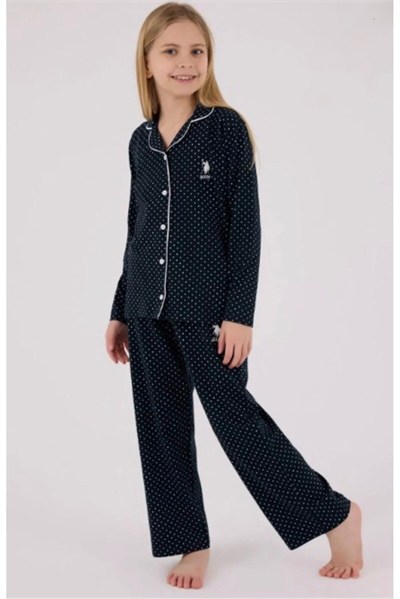 Kız Çocuk Puantiyeli Gömlek Pijama Takımı - Lacivert