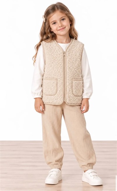 Miela Kids Çocuk Kirazlı Peluş Yelek - Bej