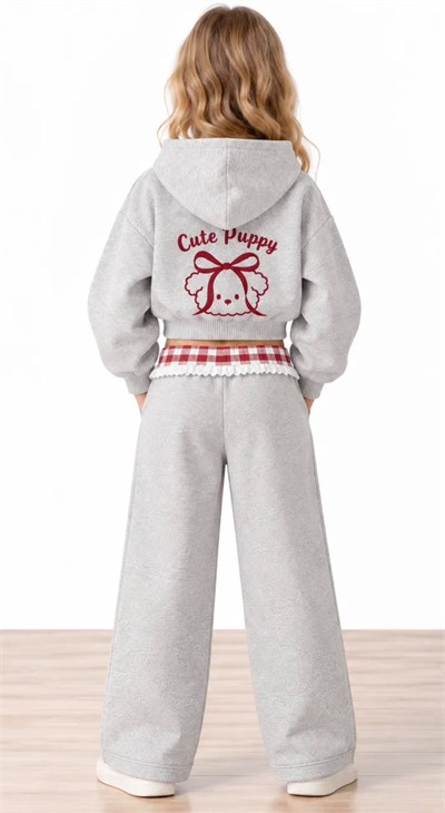 Miela Kids Çocuk Köpekli Kapüşonlu Sweatshirt - Gri Melanj