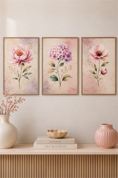 Pembe Çiçek Temalı 3’lü Ahşap Dekoratif Tablo Seti – Çiçekli Tablo Duvar Dekoru