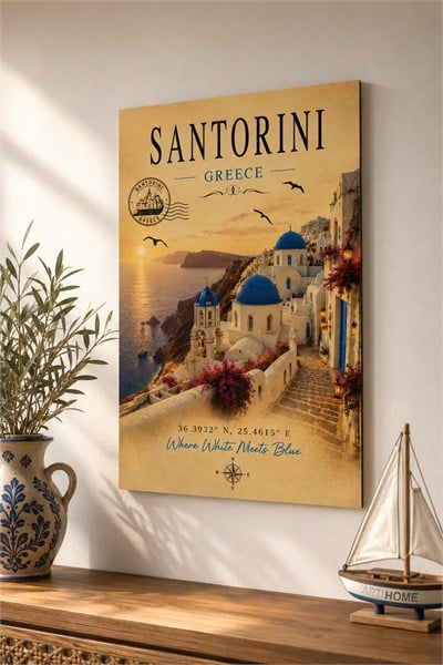 Santorini Ahşap Tablo – Vintage Seyahat Tablosu, Santorini Manzaralı Dekoratif Duvar Tablosu