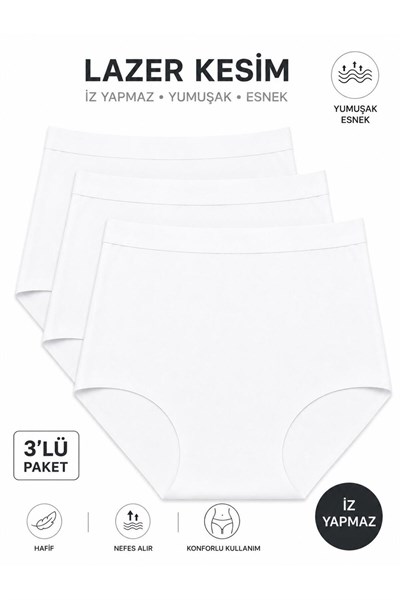 Kadın (Beli Lastikli) 3lü Dikişsiz Lazer Kesim Iz Yapmaz Likralı Extra Yüksek Bel Bato Külot Premium Esnek ve Yumuşak